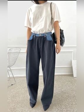 The Frankie Shop HAYLA CONTRAST DENIM PANTS - BLACK/BLUE Sz XL/XXL NWT